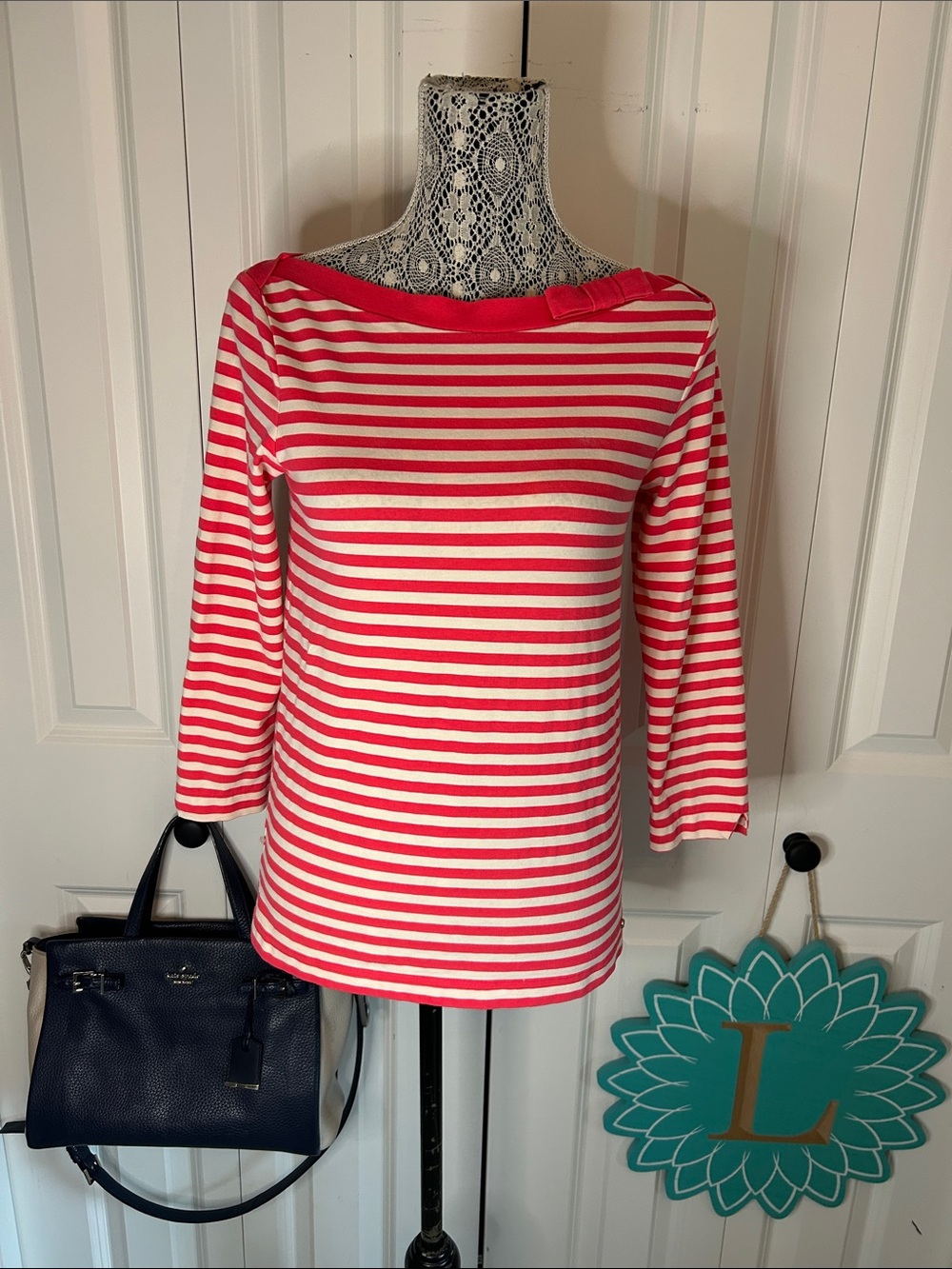 Women’s Pink & Cream Striped Boatneck Top w/ classic Kate bow detail @ neckline